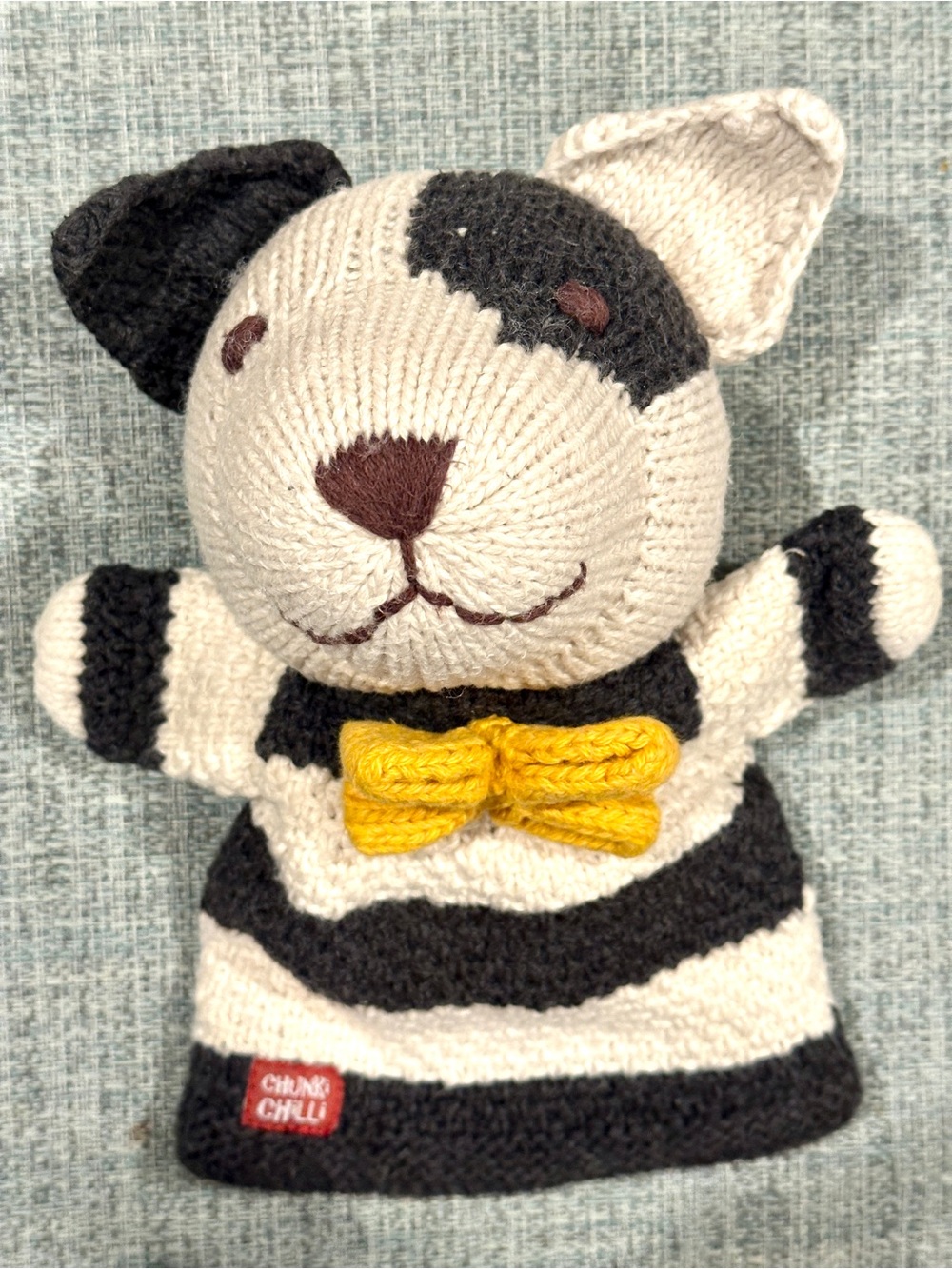 ChunkiChilli Spot Dog Hand Puppet Organic Cotton Knit Plush Black White Bow Tie